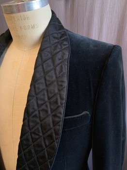 Mens, Smoking Jacket, GUCCI, Black, Cotton, Silk, Solid, 38R, Velvet, Frog Toggle Closure, Silk Diamond Quilted Shawl Collar, 3 Pockets, Long Sleeves, Silk Diamond Quilted Cuff