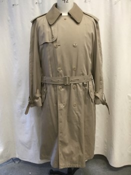 OLEG CASSINI, Khaki Brown, Wool, Nylon, Solid, Double-breasted closure, Spread Collar, 2 Side Entry Pockets, Long Sleeves, Shoulder Epaulets, Front Right Gun Flap, Back Rain Flap, Back Vent,  Belted Cuffs, Belted Waist, Below the Knee Length, Removable Wool Collar and Lining