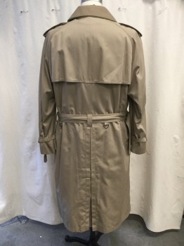 OLEG CASSINI, Khaki Brown, Wool, Nylon, Solid, Double-breasted closure, Spread Collar, 2 Side Entry Pockets, Long Sleeves, Shoulder Epaulets, Front Right Gun Flap, Back Rain Flap, Back Vent,  Belted Cuffs, Belted Waist, Below the Knee Length, Removable Wool Collar and Lining