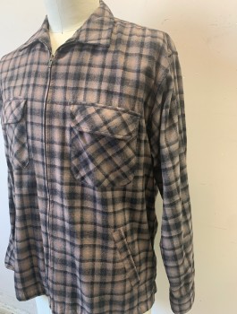 PENDLETON, Brown, Black, Wool, Plaid, Zip Front, Collar Attached, 4 Pockets, No Lining, Retro 1950's - 1960's Look