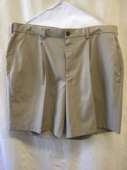 BROOKS BROTHERS, Beige, Polyester, Solid, Pleated, 5 Pockets, Belt Loops,