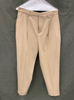BANANA REPUBLIC, Khaki Brown, Polyester, Rayon, Solid, Pleated, Zip Fly, 4 Pockets, Belt Loops
