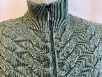 BLOMMINGDALE'S, Olive Green, Cotton, Cable Knit, Faded Olive, Ribbed Knit Collar Attached, Long Sleeves Cuffs and Hem, Zip Front,