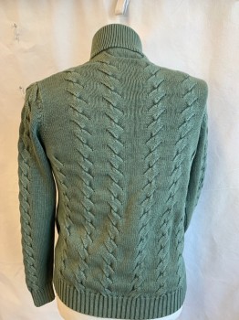 BLOMMINGDALE'S, Olive Green, Cotton, Cable Knit, Faded Olive, Ribbed Knit Collar Attached, Long Sleeves Cuffs and Hem, Zip Front,