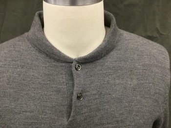 A.P.C., Heather Gray, Wool, Polo Style, Rounded Ribbed Knit Collar, 2 Buttons,  Long Sleeves, Ribbed Knit Cuff/Waistband
