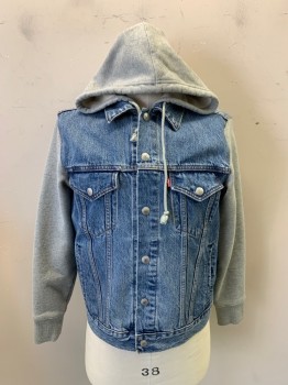 LEVI'S, Denim Blue, Lt Gray, Cotton, Polyester, Faded, Heathered, Denim Jacket with Lt Gray Heathered Fleece Sleeve & Hoody, Snap Front, 4 Pockets,