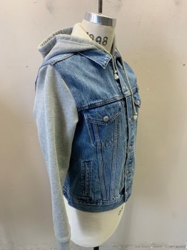 LEVI'S, Denim Blue, Lt Gray, Cotton, Polyester, Faded, Heathered, Denim Jacket with Lt Gray Heathered Fleece Sleeve & Hoody, Snap Front, 4 Pockets,