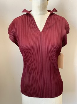 Womens, Top, N/L, Red Burgundy, Polyester, Solid, B 34, Sleeveless, V-neck, Permanent Pleating