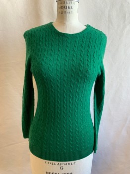 Womens, Pullover, J. CREW, Shamrock Green, Cashmere, Solid, Cable Knit, S, Ribbed Knit Crew Neck/Waistband/Cuff, 5 Buttons at Shoulder Seam