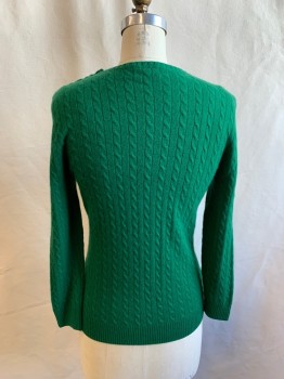 Womens, Pullover, J. CREW, Shamrock Green, Cashmere, Solid, Cable Knit, S, Ribbed Knit Crew Neck/Waistband/Cuff, 5 Buttons at Shoulder Seam
