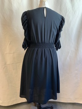 Womens, Dress, Short Sleeve, WHO WHAT WEAR, Black, Polyester, Check , XXL, Self Check, 3/4 Sleeve with Ruching Down Top and Bottom, Smocked Waist, Keyhole Back, Hem Below Knee