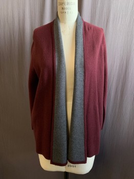 Womens, Sweater, ANN TAYLOR, Red Burgundy, Wool, Cotton, Solid, Petite, M, Shawl Collar, Open Front, Long Sleeves, Gray Interior, 2 Pockets, Shoulder Burn