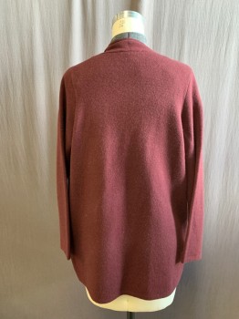 Womens, Sweater, ANN TAYLOR, Red Burgundy, Wool, Cotton, Solid, Petite, M, Shawl Collar, Open Front, Long Sleeves, Gray Interior, 2 Pockets, Shoulder Burn