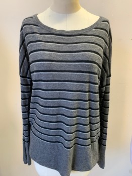 VINCE, Gray, Navy Blue, Lt Gray, Wool, Cashmere, Stripes - Horizontal , Long Sleeves, Fine Knit, Sides are Pilled