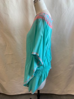 NL, Sea Foam Green, Pink, Rayon, Solid, Short Sleeves, Ethnic Stitching Pattern on Neck & Sleeves, Elastic Around Waist