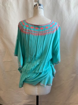 NL, Sea Foam Green, Pink, Rayon, Solid, Short Sleeves, Ethnic Stitching Pattern on Neck & Sleeves, Elastic Around Waist