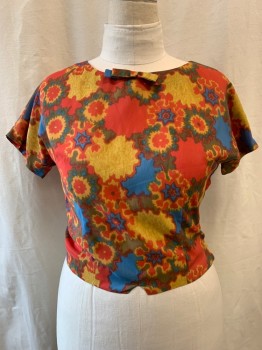 NL, Red, Dijon Yellow, Blue, Dk Olive Grn, Rayon, Floral, Pullover, Bow at Center Neckline, Zip Side, Short Sleeves