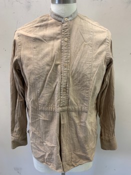 Mens, Historical Fiction Shirt, DARCY, Lt Brown, Cotton, Solid, S:33-4, N:15, Herringbone Texture Twill, Long Sleeves, 4 Button Placket, Band Collar, Aged - Very Dirty, Mud Stained, Reproduction Old West Working Class