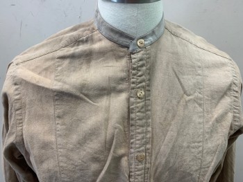 DARCY, Lt Brown, Cotton, Solid, Herringbone Texture Twill, Long Sleeves, 4 Button Placket, Band Collar, Aged - Very Dirty, Mud Stained, Reproduction Old West Working Class