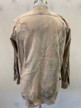 Mens, Historical Fiction Shirt, DARCY, Lt Brown, Cotton, Solid, S:33-4, N:15, Herringbone Texture Twill, Long Sleeves, 4 Button Placket, Band Collar, Aged - Very Dirty, Mud Stained, Reproduction Old West Working Class