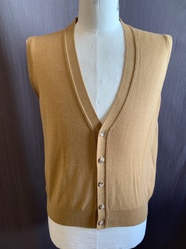 Mens, Sweater Vest, KUTLER, Dk Khaki Brn, Wool, Solid, M, 5 Buttons, V-neck
