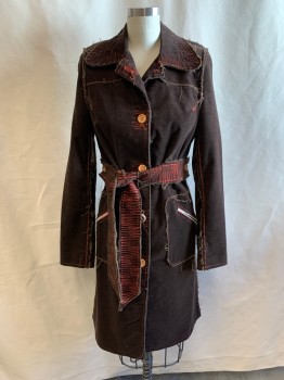 Womens, Coat, PETRO ZILLIA, Dk Brown, Coral Orange, Cotton, Polyester, Solid, Textured Fabric, S, Corduroy, Raw Edges, Irregular Zigzag Stitching, 2 Silver Zipper Pockets, 5 Buttons (4 Tan, 1 Silver), Belt, Kick Pleat, Floral Lining,