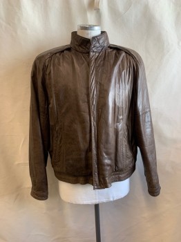Mens, Leather Jacket, EXPEDITION , Brown, Leather, Solid, 44, Stand Collar, Zip Front, 2 Pockets, 2 Snap Cuffs, Elastic Waistband,