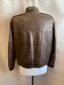 Mens, Leather Jacket, EXPEDITION , Brown, Leather, Solid, 44, Stand Collar, Zip Front, 2 Pockets, 2 Snap Cuffs, Elastic Waistband,