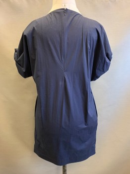 COS, Navy Blue, Cotton, Spandex, Solid, Midnight Navy, Scoop Neckline, Shift Shape, Gathered Sleeves with Elastic, Zip Back, 2 Side Pockets, Hem at Knee