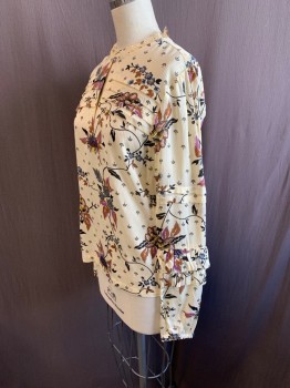 SCOTCH & SODA, Beige, Navy Blue, Yellow, Purple, Brown, Polyester, Floral, Self Vertical Stripe, Stand Ruffle Collar, Button at Neck, Key Hole, Tuck Pleat Over Bust & Back, L/S, Ruffles on Sleeves