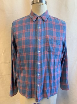 FAHERTY, Dusty Blue, Dusty Red, Cotton, Plaid, Reversible, Flannel, Button Front, Collar Attached, Long Sleeves, Button Cuff, 1 Pocket