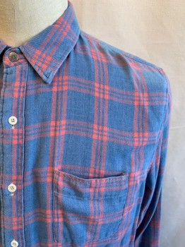 FAHERTY, Dusty Blue, Dusty Red, Cotton, Plaid, Reversible, Flannel, Button Front, Collar Attached, Long Sleeves, Button Cuff, 1 Pocket