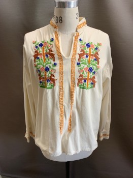 NL, Cream, Cotton, Mandarin Collar, V-N, Reindeer & Floral Multi Color Embroidery, L/S