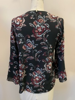 ALFANI, Black, Multi-color, Polyester, Floral, V-N, L/S, Bell Sleeves, Pink, Maroon, Gray Details