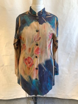 NL, Camel Brown, Navy Blue, Teal Green, Orange, Polyester, Floral, Abstract , Suedette, Mandarin Collar Attached, Button Front, Long Sleeves