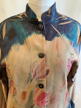 NL, Camel Brown, Navy Blue, Teal Green, Orange, Polyester, Floral, Abstract , Suedette, Mandarin Collar Attached, Button Front, Long Sleeves