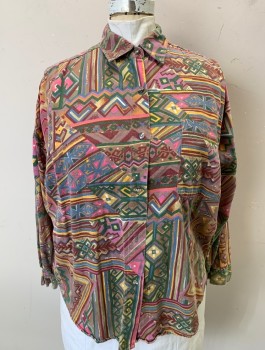 QUIZZ, Multi-color, Mauve Pink, Brick Red, Yellow, Green, Rayon, Geometric, Long Sleeves, Button Front, Collar Attached, 1 Patch Pocket