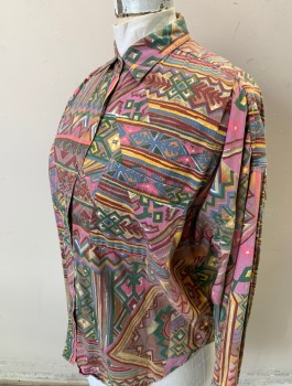 Womens, Shirt, QUIZZ, Multi-color, Mauve Pink, Brick Red, Yellow, Green, Rayon, Geometric, B:42, XL, Long Sleeves, Button Front, Collar Attached, 1 Patch Pocket