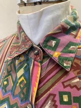 QUIZZ, Multi-color, Mauve Pink, Brick Red, Yellow, Green, Rayon, Geometric, Long Sleeves, Button Front, Collar Attached, 1 Patch Pocket