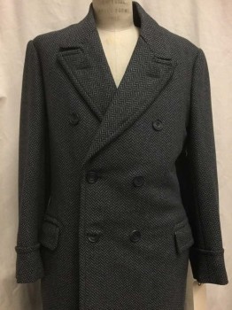 Mens, Coat, MTO, Heather Gray, Black, Wool, Chevron, 38, Double Breasted, 6 Buttons, Notched Lapel, 2 Flap Pockets