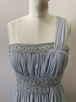 EUREKA, Lt Gray, Polyester, Beaded, Solid, Slvls, One Shoulder Strap, Beads And Sequins At Neck And Empire Waist, Pleated Bust, Full Full Length Skirt