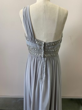 EUREKA, Lt Gray, Polyester, Beaded, Solid, Slvls, One Shoulder Strap, Beads And Sequins At Neck And Empire Waist, Pleated Bust, Full Full Length Skirt