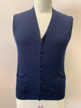 Mens, Sweater Vest, JOS A BANK, Navy Blue, Cotton, Nylon, L, V-N, Single Breasted, Button Front, 2 Pockets