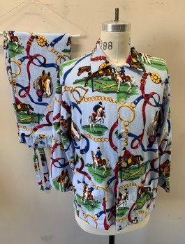 NICK & NORA, Baby Blue, Multi-color, Cotton, Equine- Horses, Novelty Pattern, Equestrian Horse Riders and Looped Reigns, Flannel, Long Sleeves, Button Front, Collar Attached, 2 Patch Pockets
