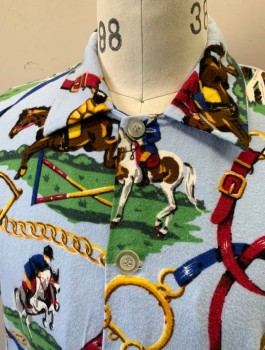 NICK & NORA, Baby Blue, Multi-color, Cotton, Equine- Horses, Novelty Pattern, Equestrian Horse Riders and Looped Reigns, Flannel, Long Sleeves, Button Front, Collar Attached, 2 Patch Pockets