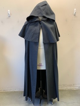 Unisex, Sci-Fi/Fantasy Cape/Cloak, N/L MTO, Dk Gray, Charcoal Gray, Cotton, Birds Eye Weave, Heavyweight Fabric, Caped Shoulders, Hooded, Open Center Front with 2 Black Clasps Atneck, Floor Length, Made To Order