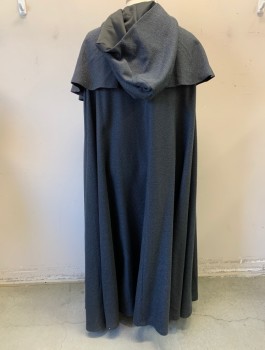 Unisex, Sci-Fi/Fantasy Cape/Cloak, N/L MTO, Dk Gray, Charcoal Gray, Cotton, Birds Eye Weave, Heavyweight Fabric, Caped Shoulders, Hooded, Open Center Front with 2 Black Clasps Atneck, Floor Length, Made To Order