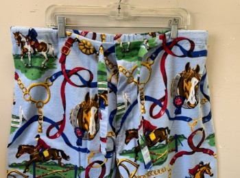 NICK & NORA, Baby Blue, Multi-color, Cotton, Equine- Horses, Novelty Pattern, Equestrian Horse Riders and Looped Reigns, Flannel, Drawstring Waist, 2 Snap Closures at Fly