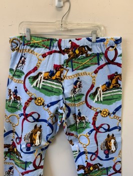 NICK & NORA, Baby Blue, Multi-color, Cotton, Equine- Horses, Novelty Pattern, Equestrian Horse Riders and Looped Reigns, Flannel, Drawstring Waist, 2 Snap Closures at Fly