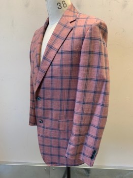 PAUL BETENLY, Dusty Rose Pink, Charcoal Gray, Gray, Wool, Silk, Plaid-  Windowpane, Single Breasted, Notched Lapel, 2 Buttons, 3 Pockets